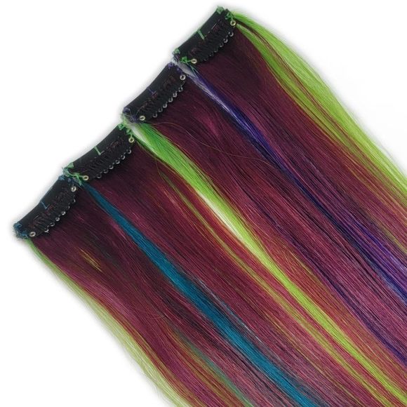 Vibrant Hairstyles Remy Clip in Human Hair Extensions Purple Green Teal Rainbow